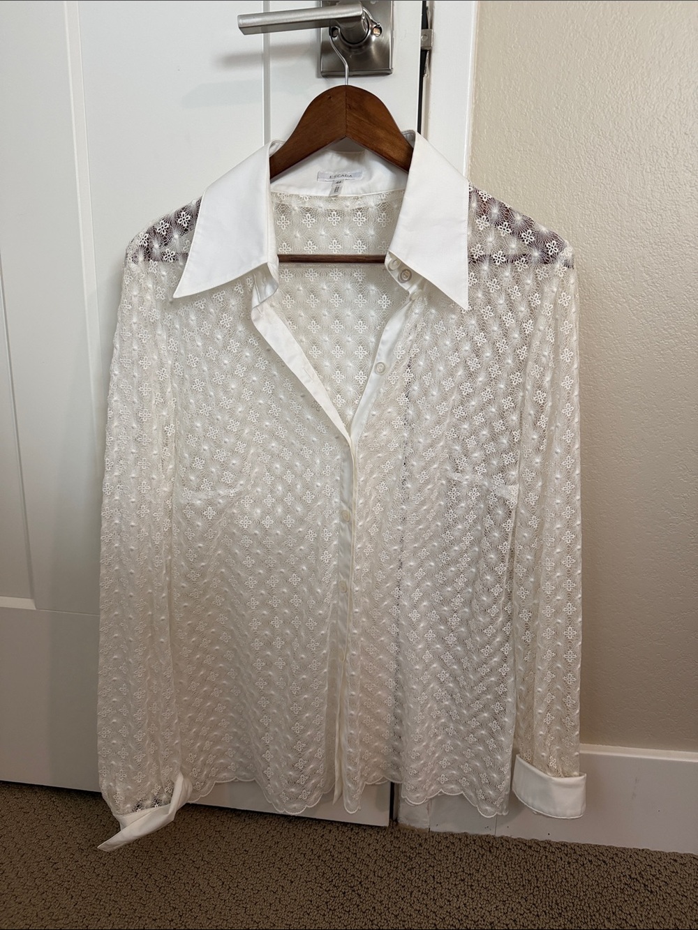 Escada White Sheer / Embroidered Long-Sleeve Shirt - Classic Collar